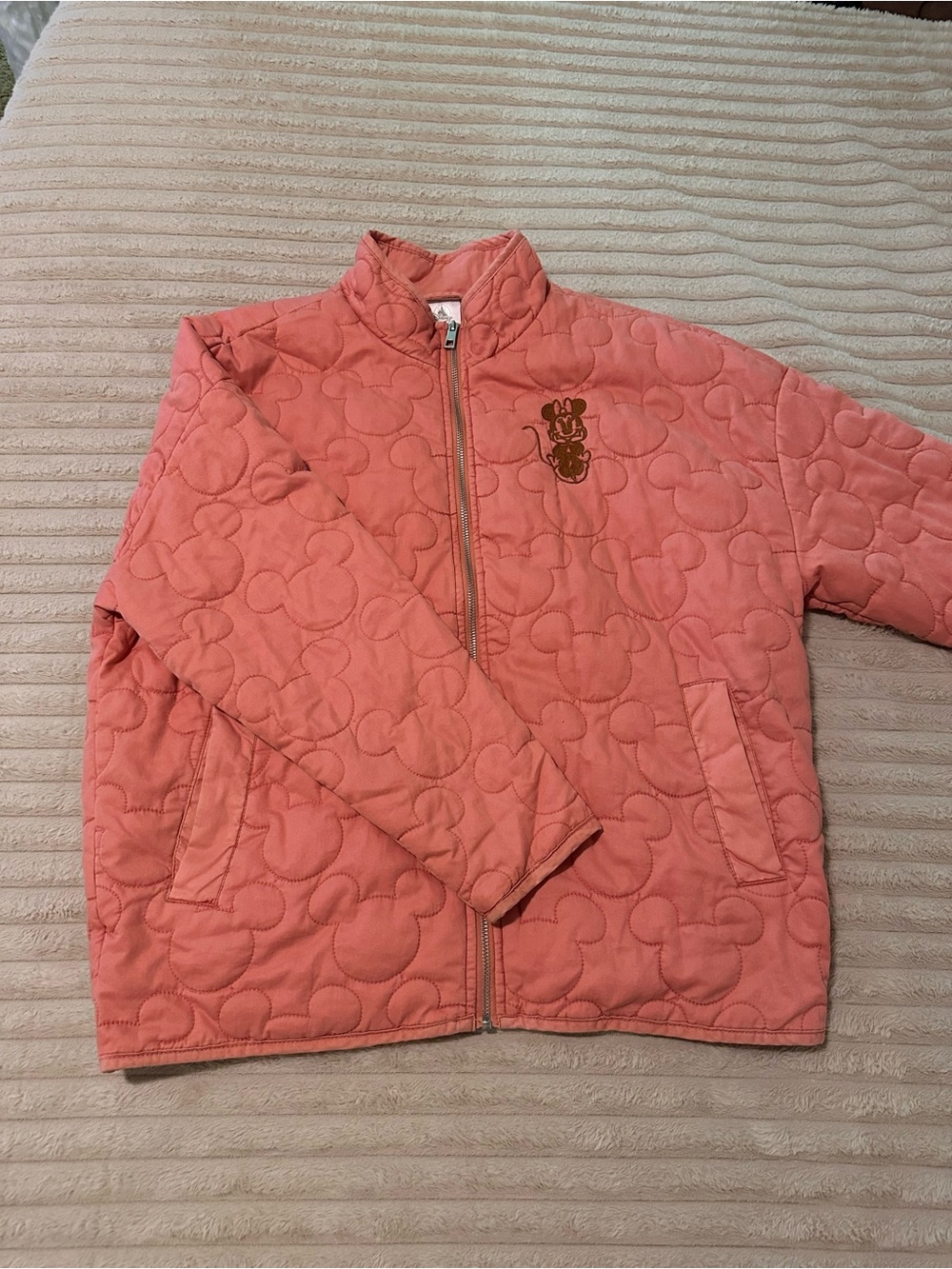 Disney Coral Pink Quilted Puffer Jacket with Embroidered Minnie Mouse